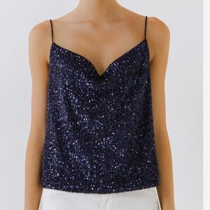 Endless Rose Sparkling Blue Sequined Draped Cowl Neck Cami Tank Top Size Medium